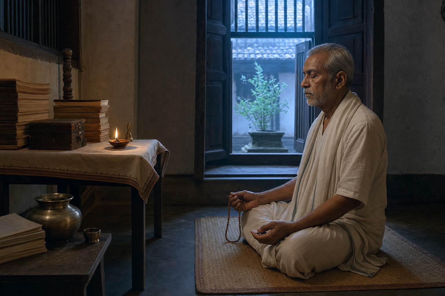 An elderly Bengali Vaishnava meditates with prayer beads in a simple room before dawn beside an oil lamp and stacked folios.