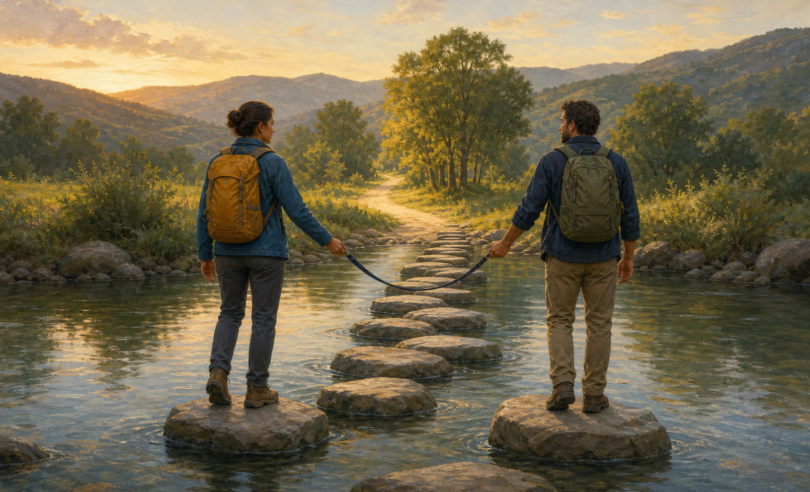 Two adults with separate backpacks cross a stream on stepping stones while lightly sharing a support strap.