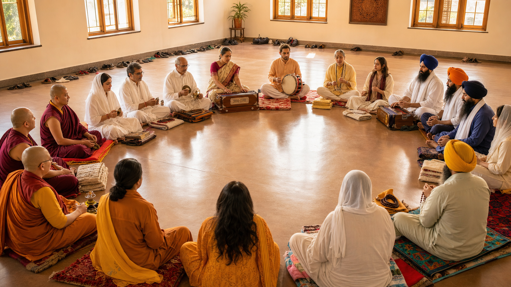 Hindu, Buddhist, Jain, and Sikh participants sit in a large circle for a collective chanting gathering in a sunlit community hall.