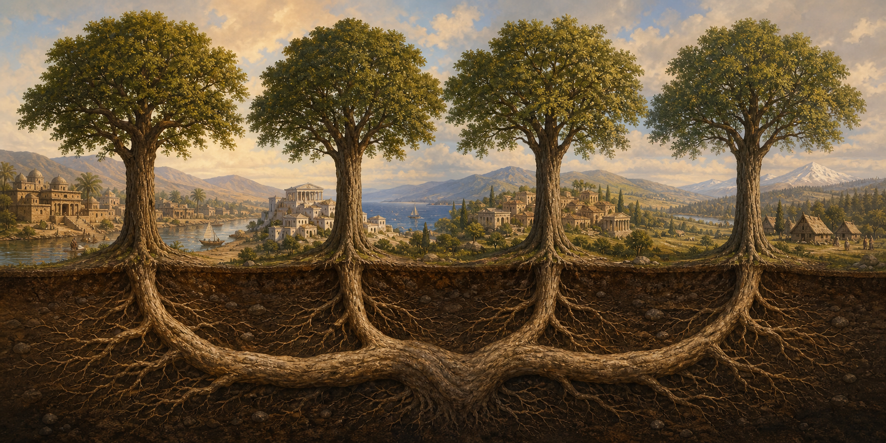 Several separate tree trunks rise from one shared underground root across South Asian and European landscapes.