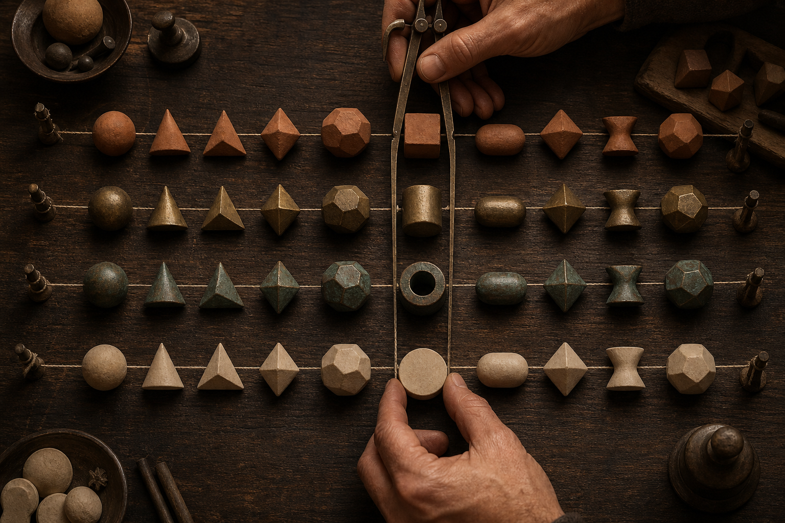 Hands compare parallel rows of geometric objects whose shapes change in consistent repeating patterns.