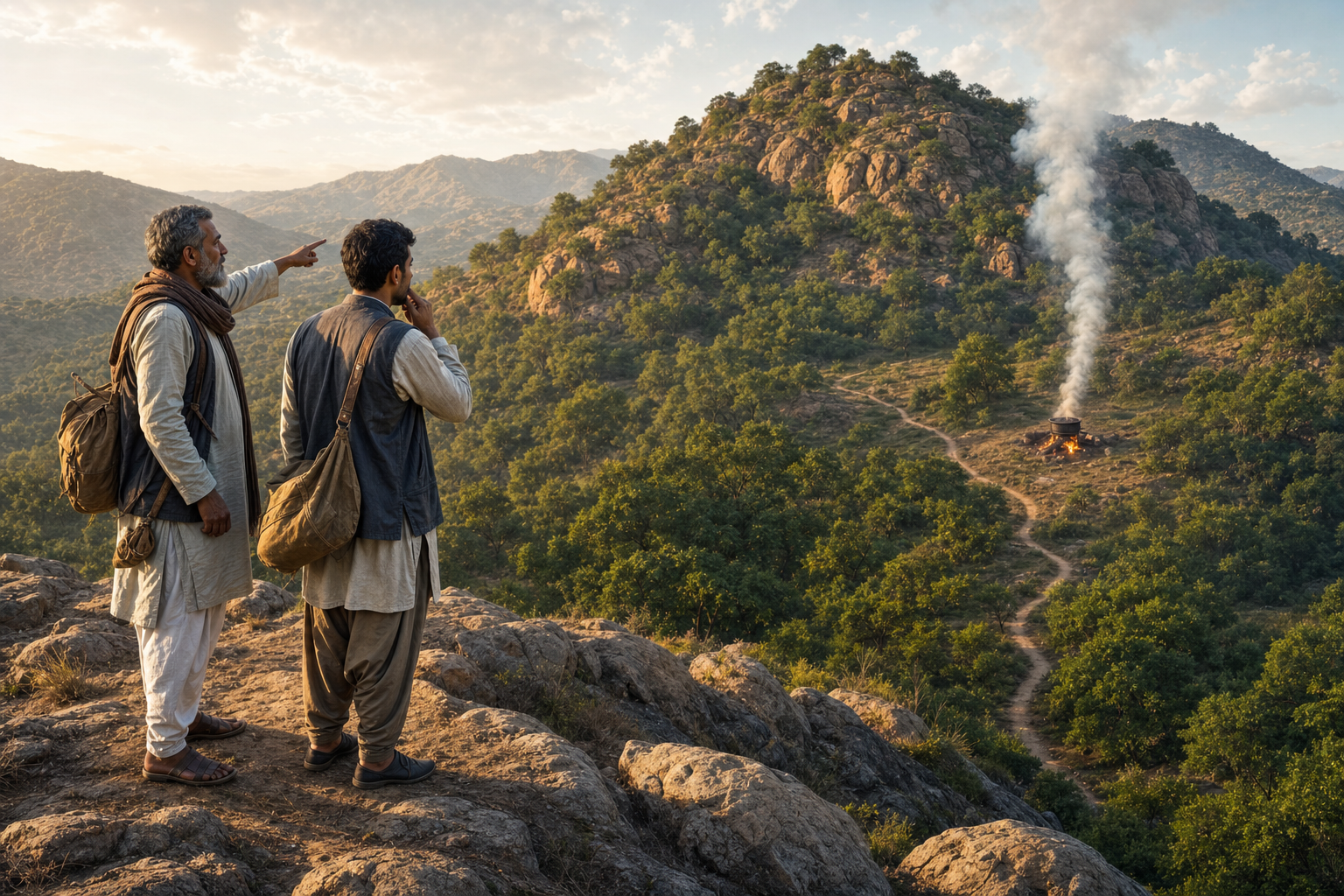 Three travelers inspect a plume of smoke and the campfire producing it on the far side of a rocky ridge.