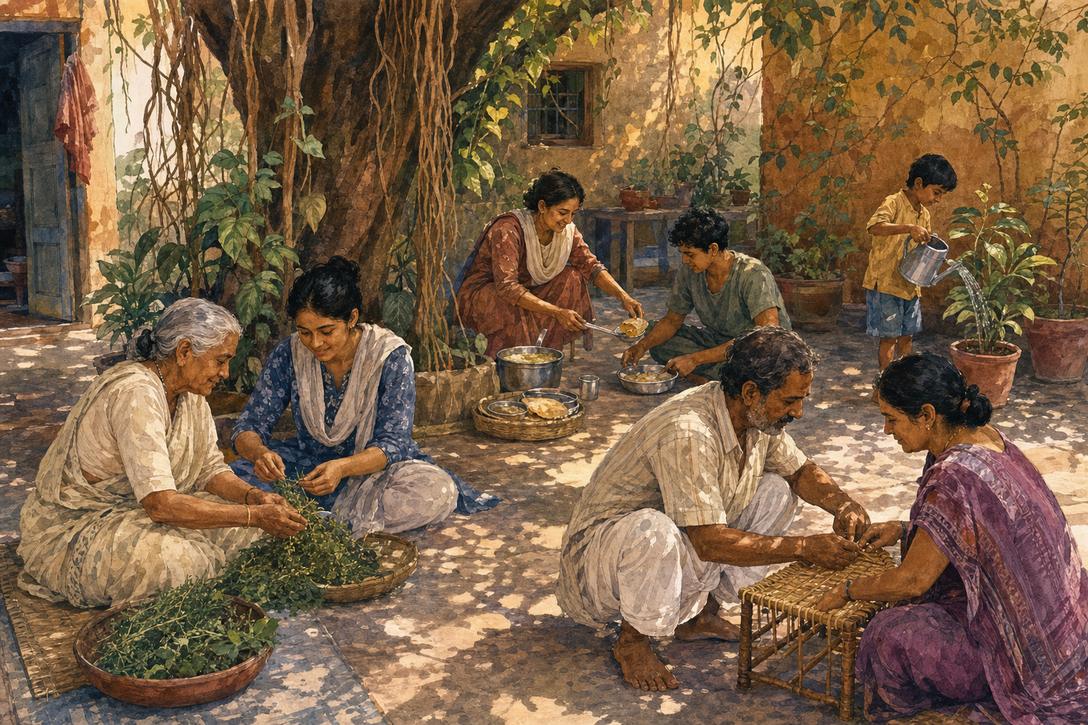 An intergenerational South Asian community shares food, tends plants, prepares herbs, and repairs a stool in a tree-shaded courtyard.