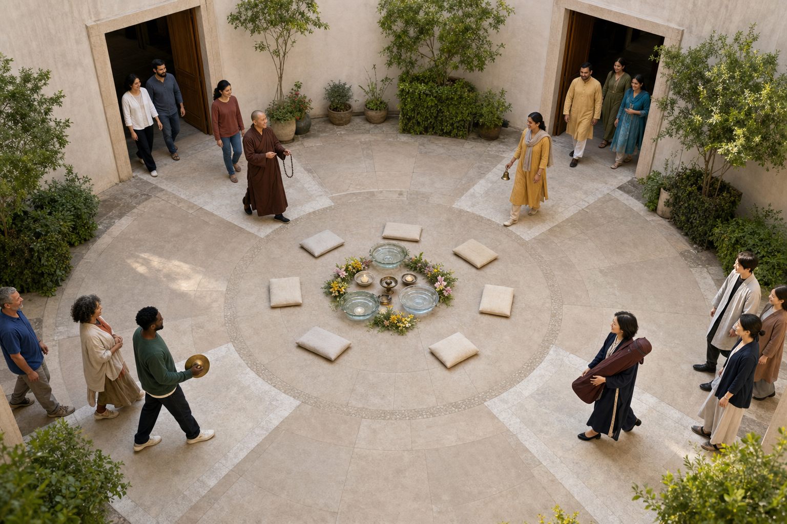 Four groups enter a circular courtyard by separate paths and gather around flowers, water bowls, lamps, and empty cushions.