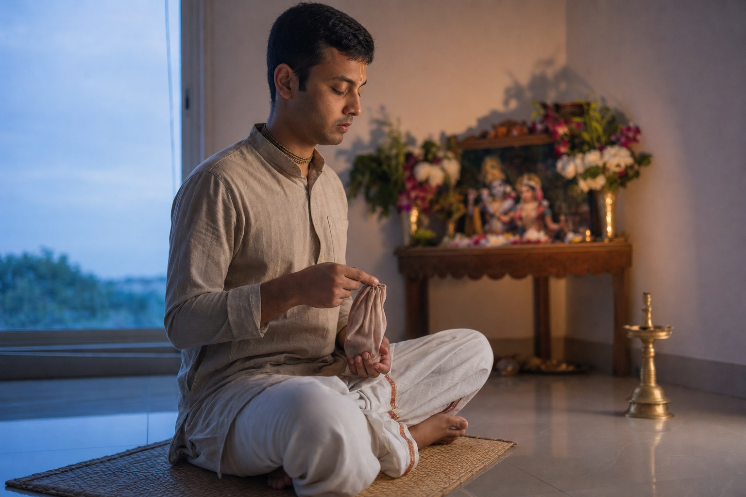 A practitioner chants with a cloth japa bead bag in a quiet home prayer corner before sunrise.