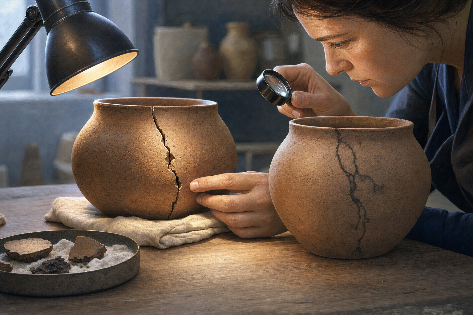 A pottery conservator uses a magnifying lens to compare a real fracture on one clay vessel with a crack-like stain on another.