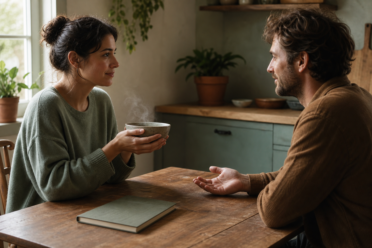 One seated adult calmly receives a warm bowl from another person across a kitchen table.