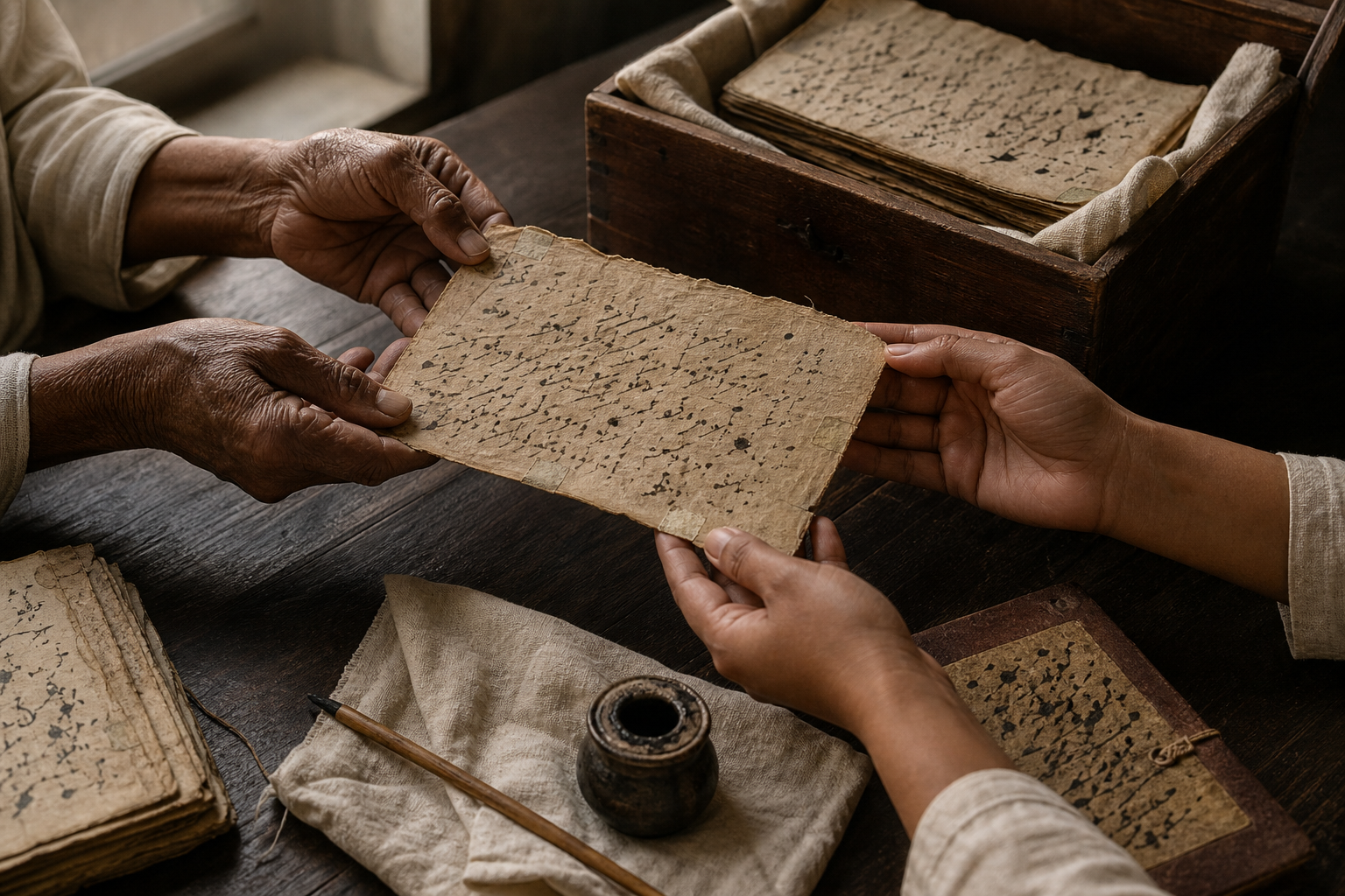 Hands from two generations pass a preserved manuscript folio above a table holding aged papers, a reed pen, an ink vessel, and a bound volume.
