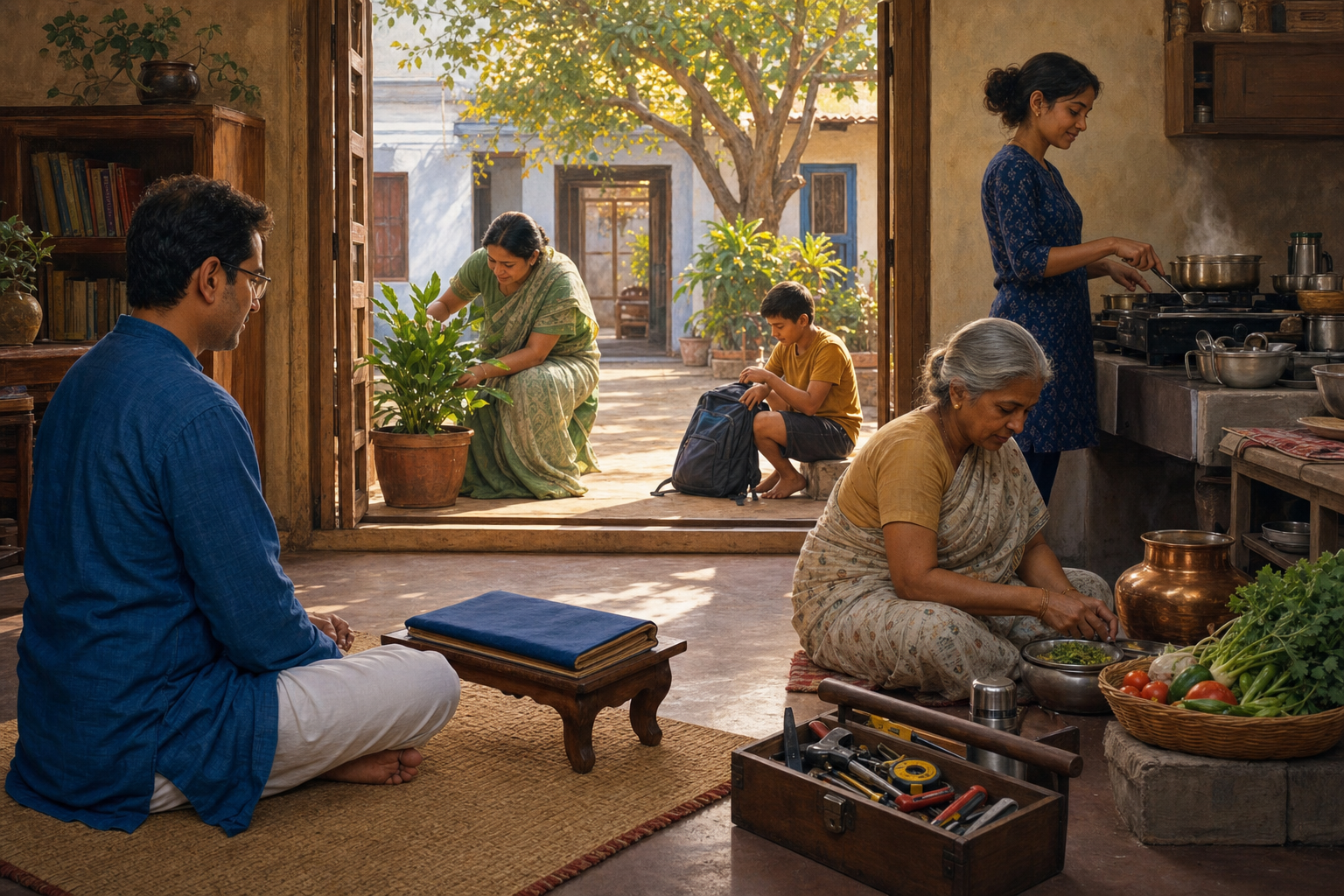 A multigenerational Indian family begins the day at home as one adult sits beside a covered study volume and others prepare food, tend a courtyard plant, and arrange work tools.