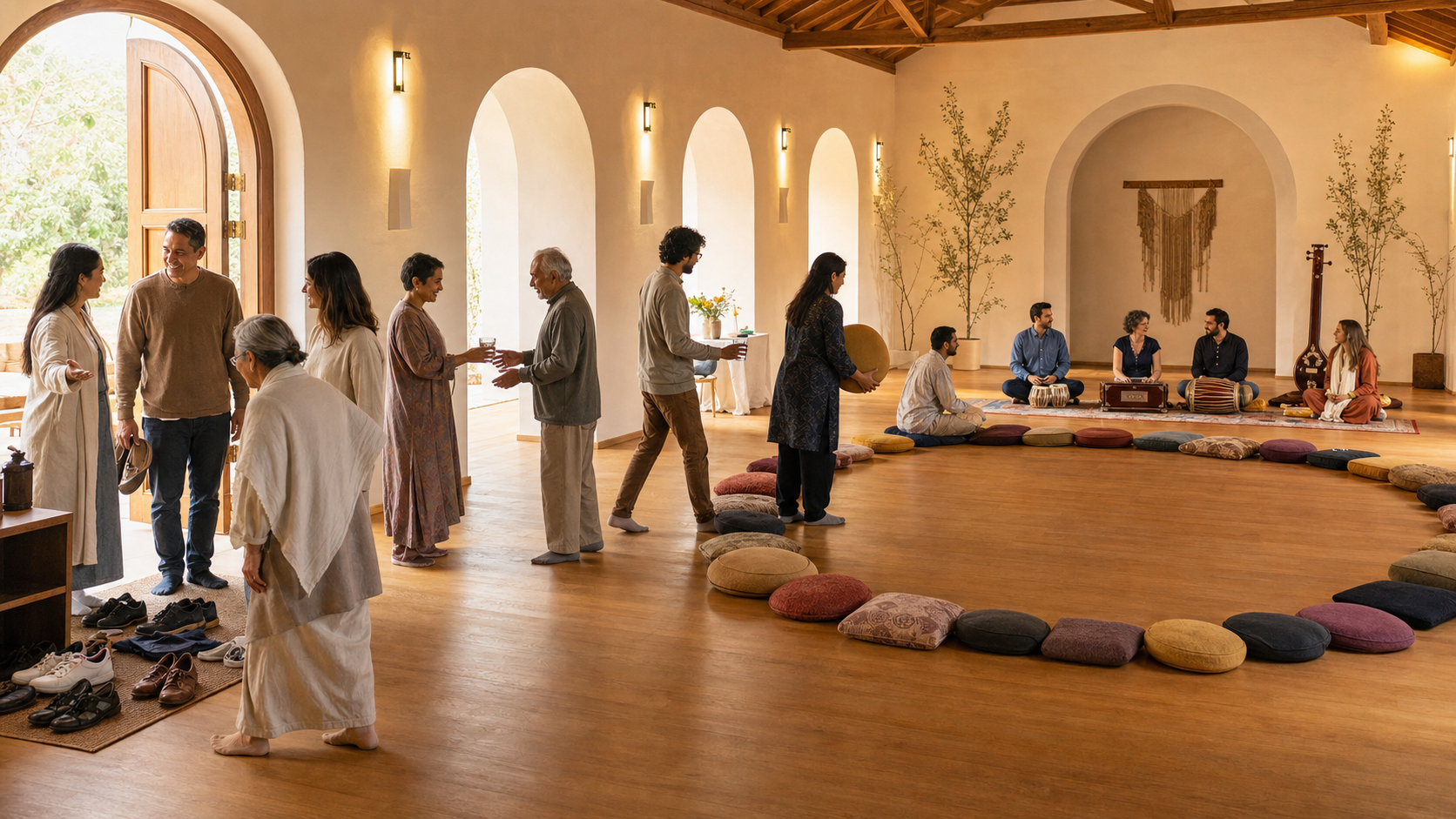 Volunteers welcome guests, offer water and seating, and coordinate with chant leaders inside an accessible community hall.