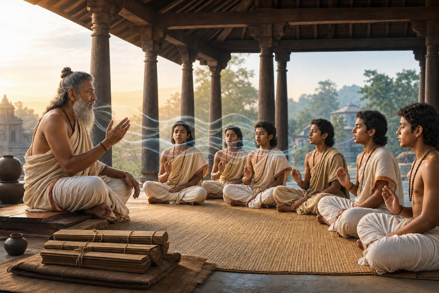 A teacher and students practice oral recitation in an open pavilion as abstract sound waves pass between them.