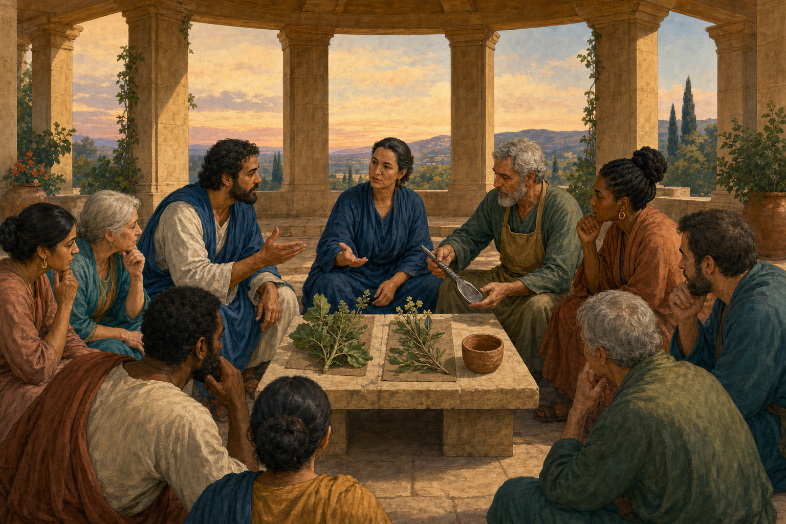 Two debaters, a moderator, a witness, and several listeners examine plants, a tool, and a clay object together in an open pavilion.