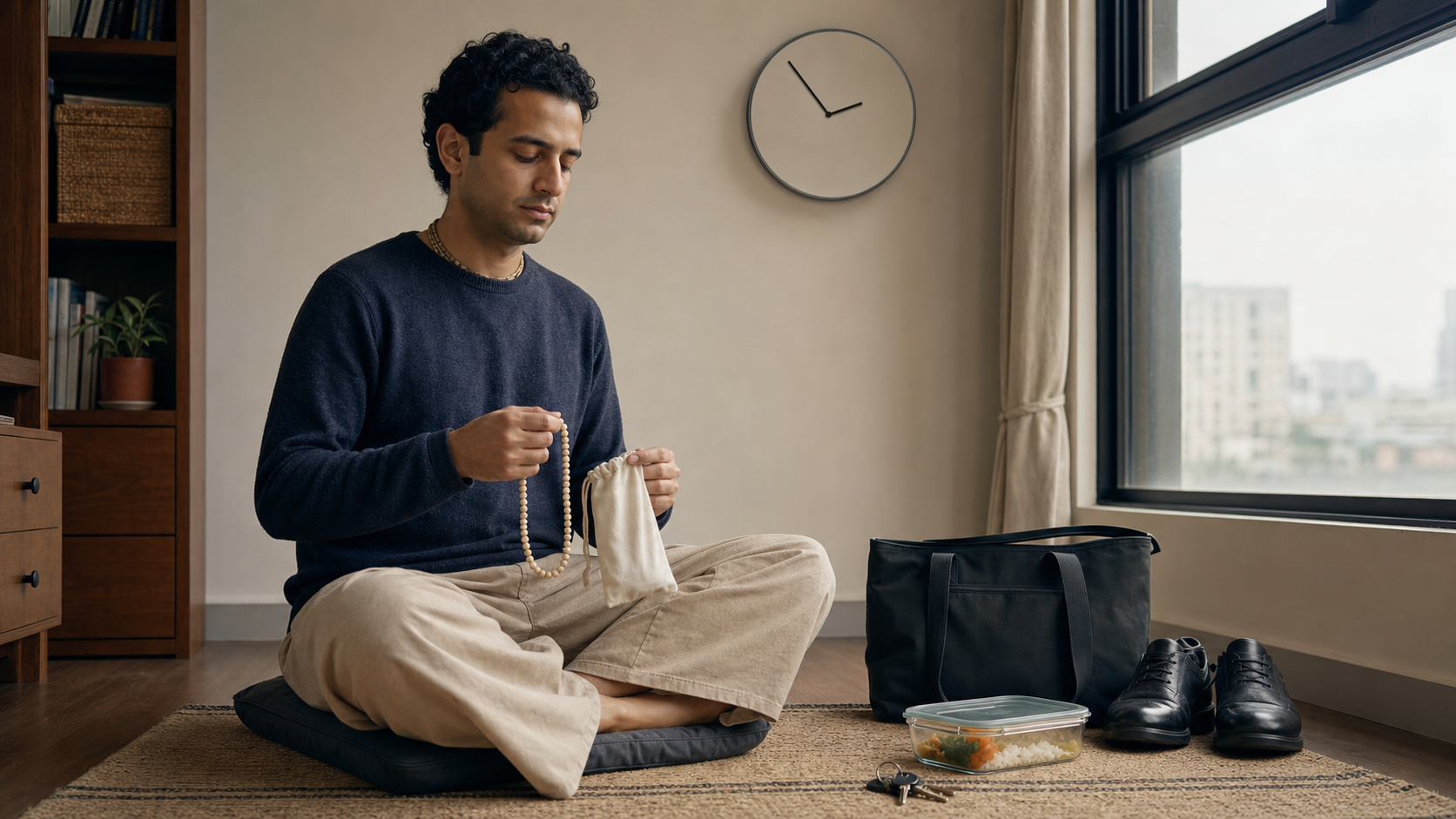 A practitioner chants japa in a small apartment before leaving for an ordinary workday.