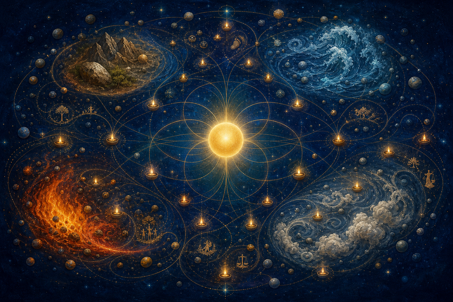 An abstract golden presence coordinates elemental particles, individual lamps, and paths of action and consequence in a symmetrical cosmic scene.