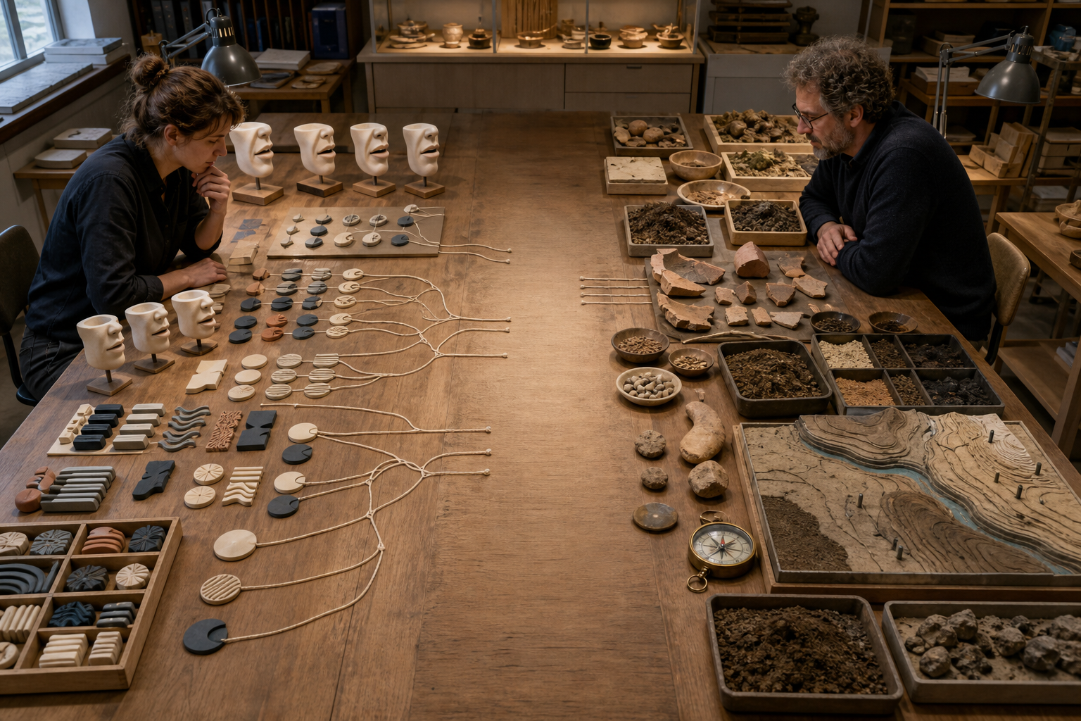 A divided research table keeps linguistic pattern models separate from archaeological artifacts and terrain samples.