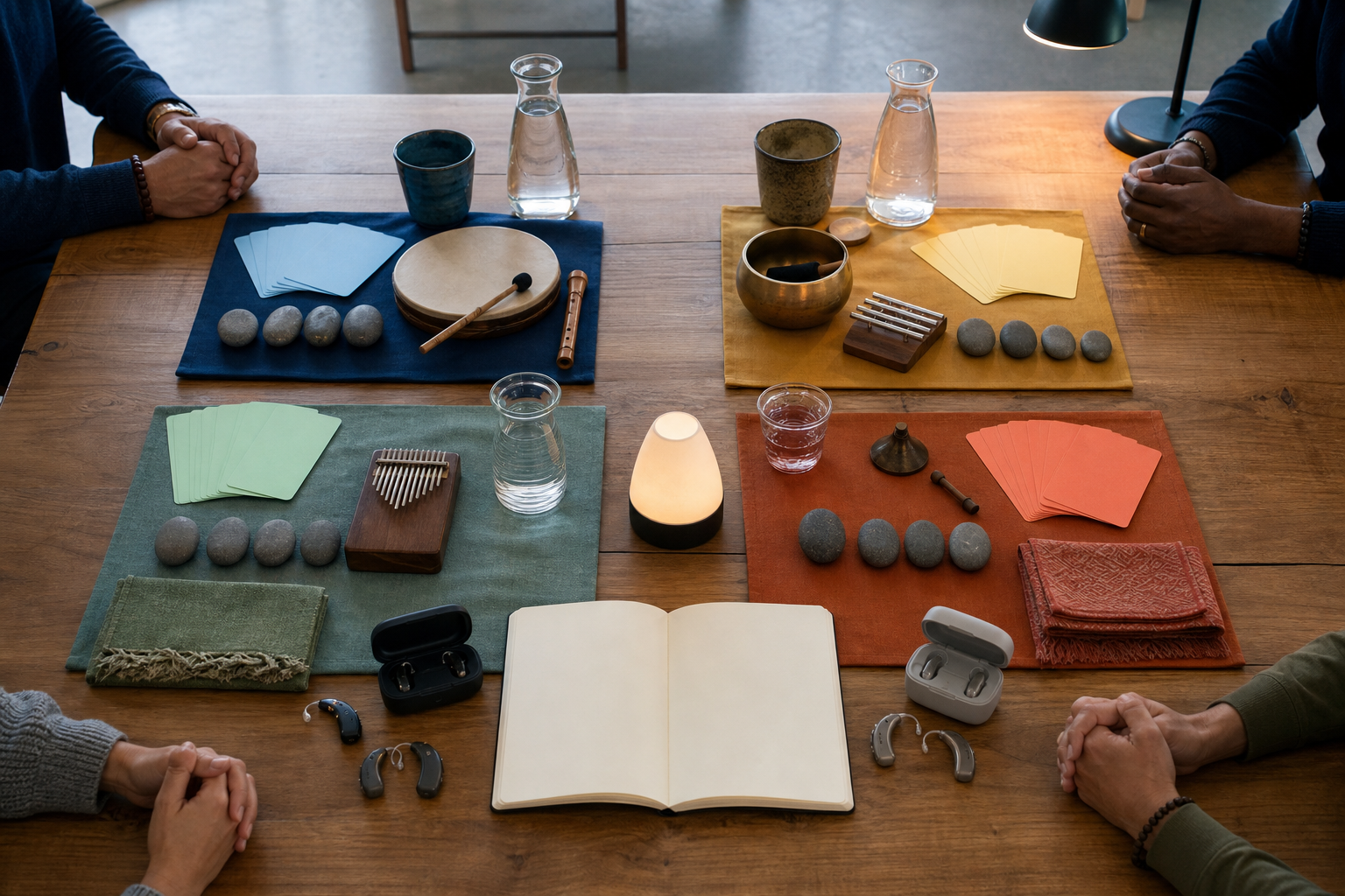 Organizers arrange blank cards, speaking tokens, instruments, water vessels, a timer, and accessibility devices on a wooden table.
