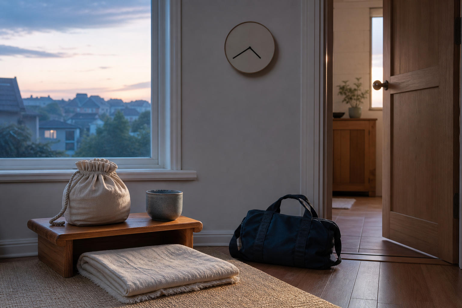 A prepared chanting corner with a bead bag, shawl, water, and work bag ready before dawn.