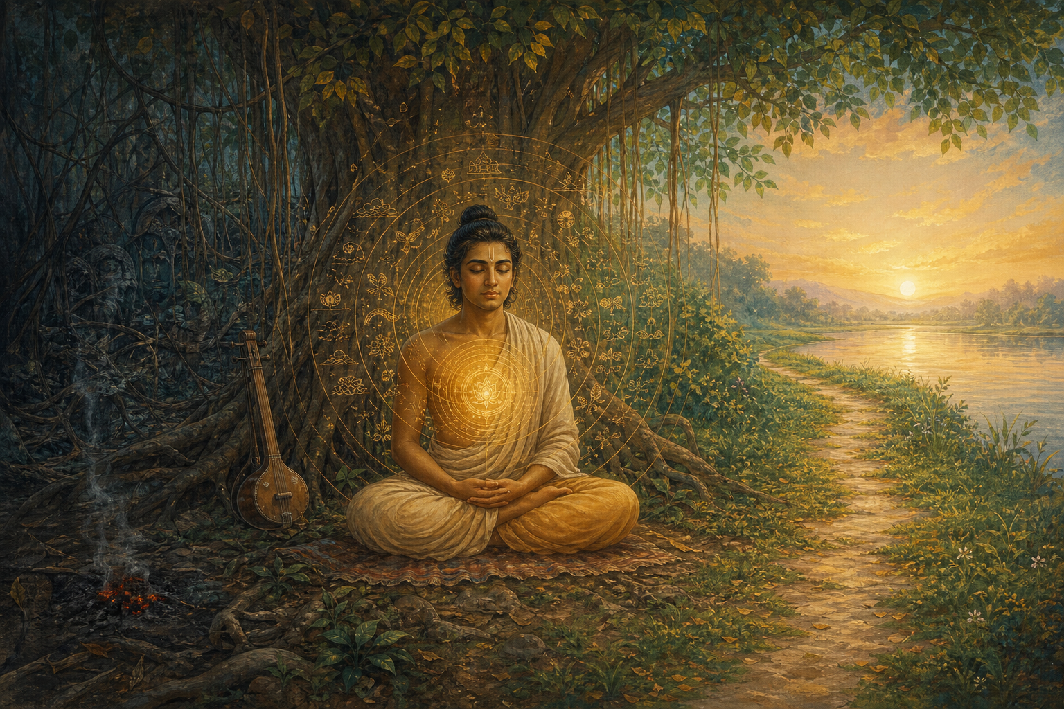 A seeker meditates beneath a banyan tree as a dark tangled landscape opens into a luminous riverside path, with a stringed instrument and a fading ember nearby.