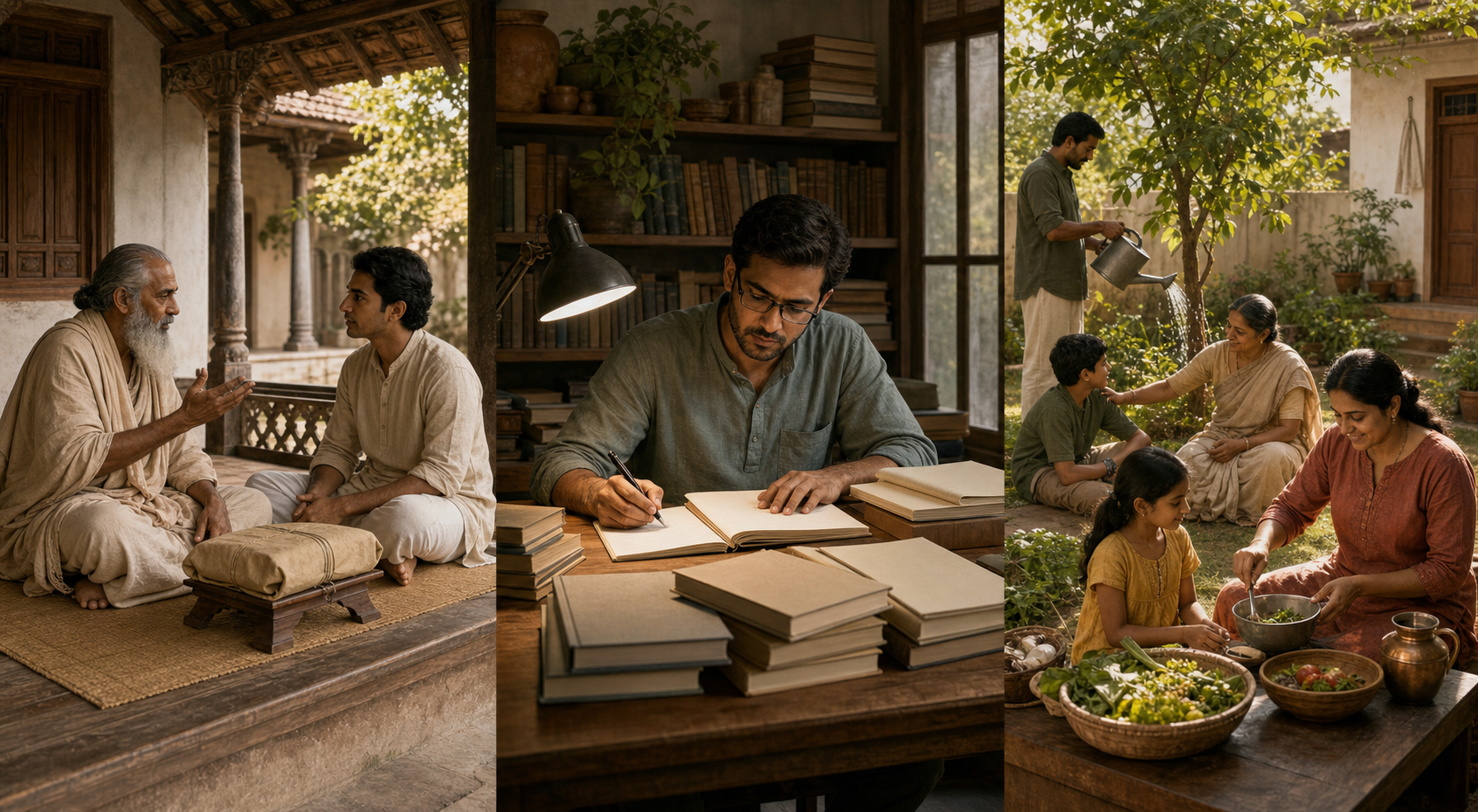 Three adjacent scenes show an elder guiding oral recitation, a researcher studying books at a desk, and a family caring for a tree and preparing a meal.