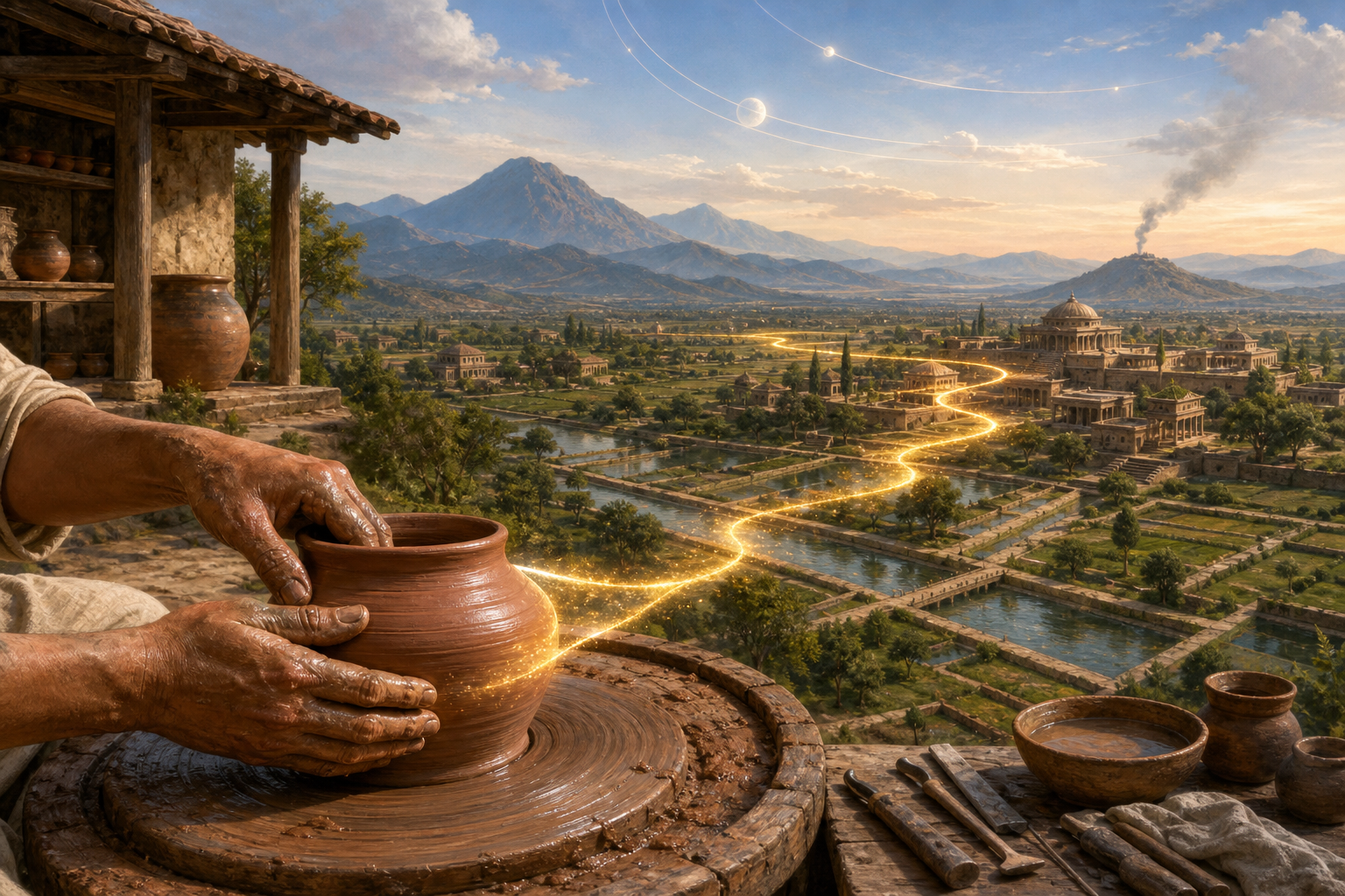 A craftsperson shapes a clay vessel while an ordered landscape and a distant plume of smoke extend behind the workshop.
