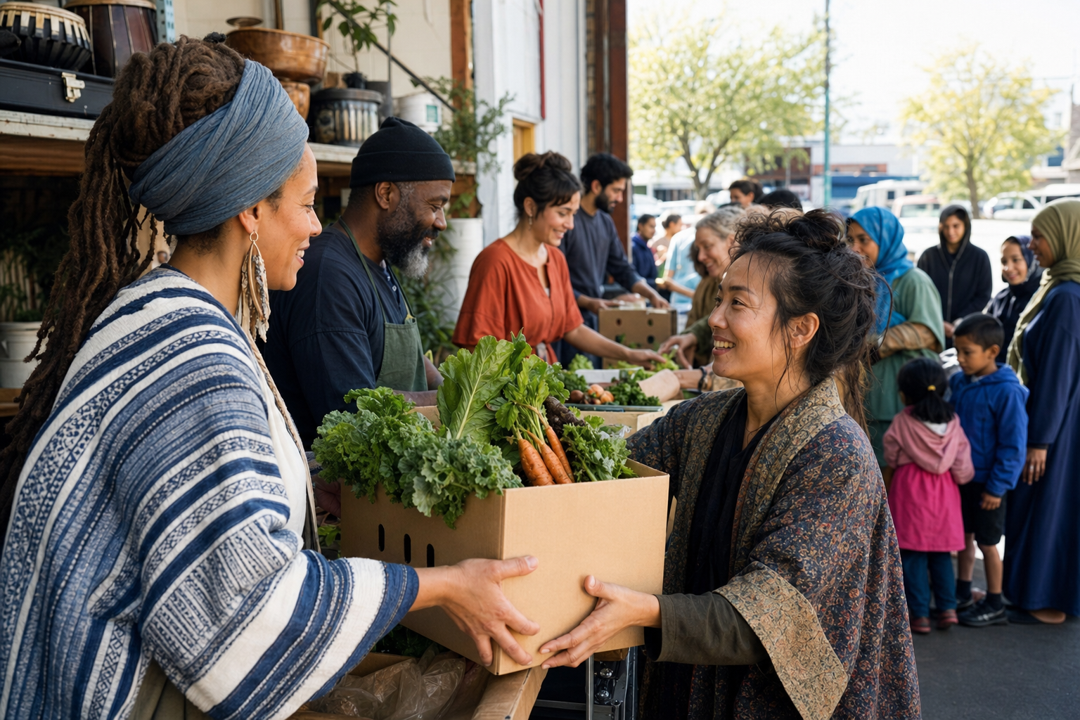 Volunteers from different Dharmic communities pack produce boxes and serve meals together at a neighborhood distribution site.