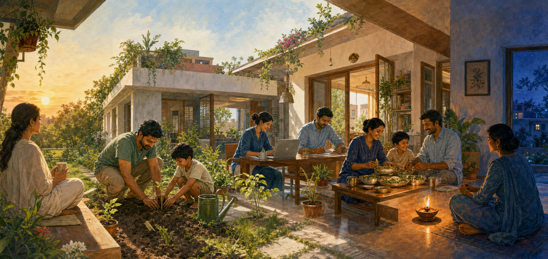 A continuous panorama shows members of one household reflecting at dawn, tending plants, working, sharing a meal, and sitting quietly in the evening.