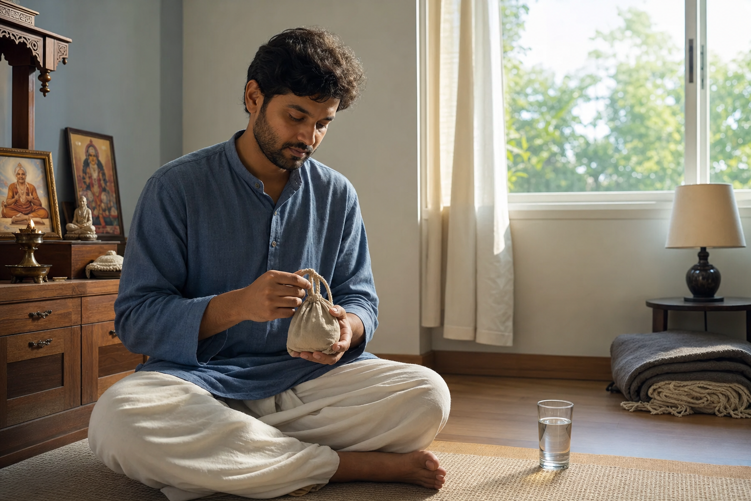 A practitioner calmly resumes morning japa in a modest prayer corner after a disrupted routine.
