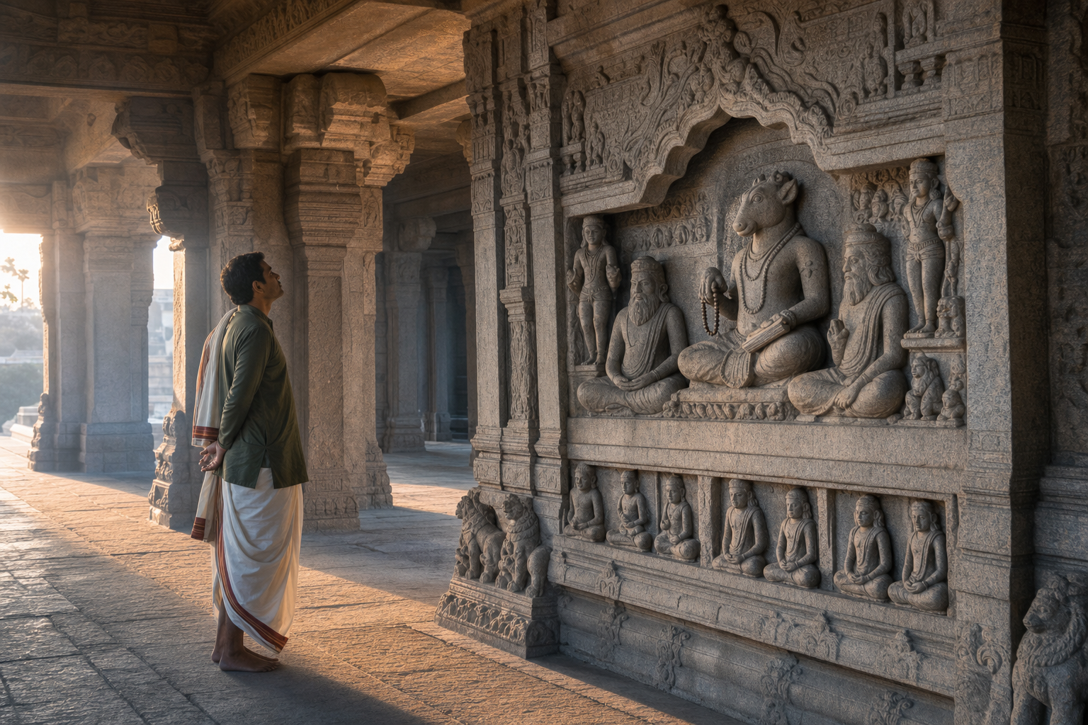 A visitor studies an animal-faced ascetic holding a manuscript and prayer beads in a carved temple niche surrounded by other sages.