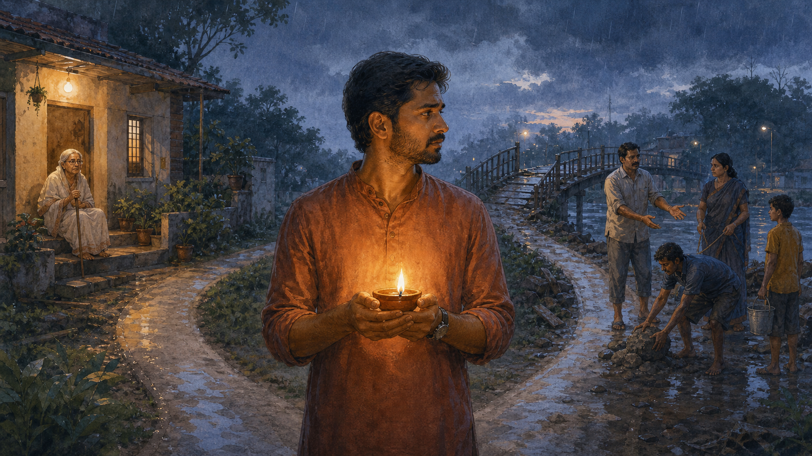 A person holding a small oil lamp pauses where one path leads to an elderly person at home and another leads to neighbors beside a damaged footbridge.