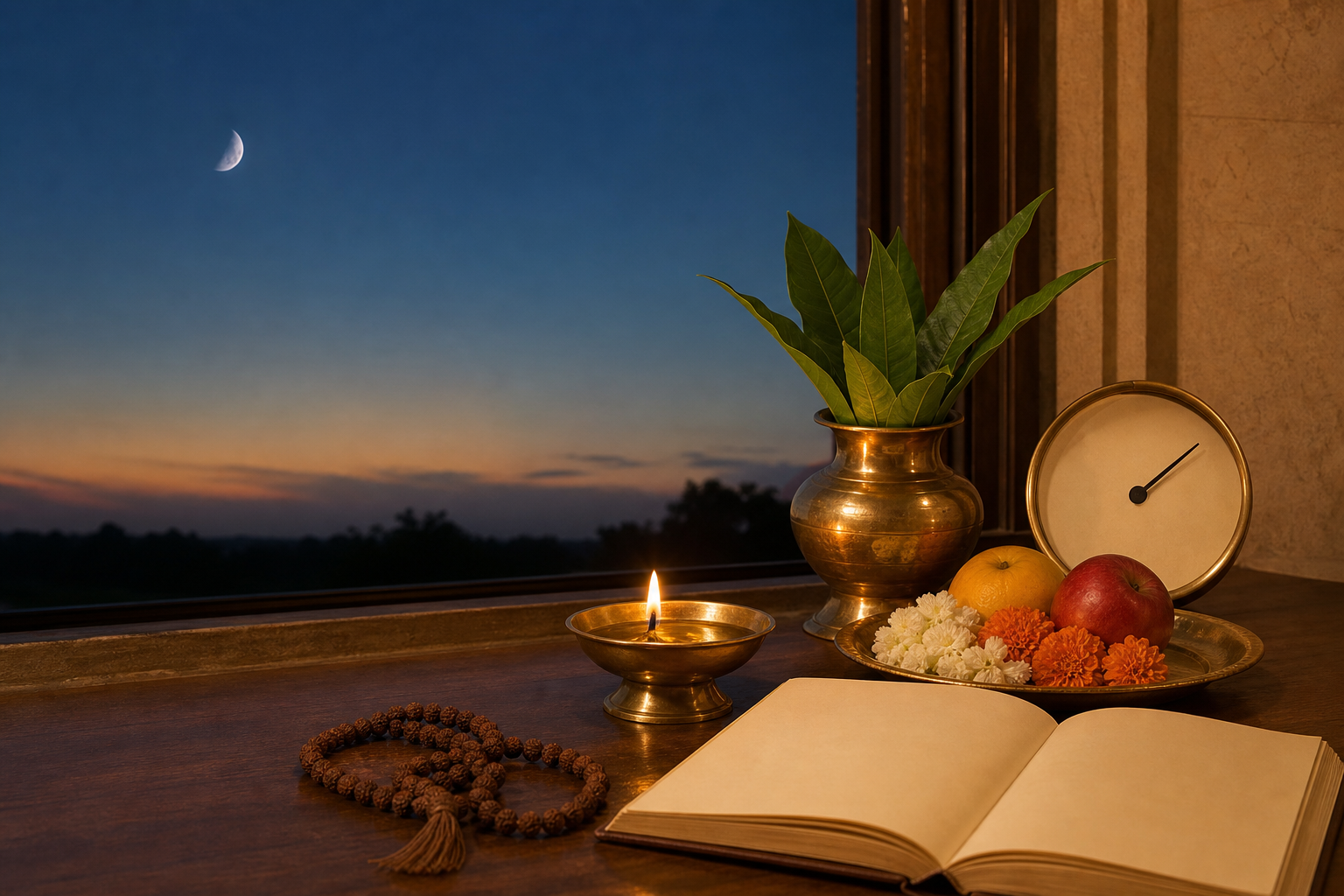 A twilight home puja setting with a lit brass diya, kalasha, flowers, prayer beads, an open blank almanac, and a moon visible through the window.