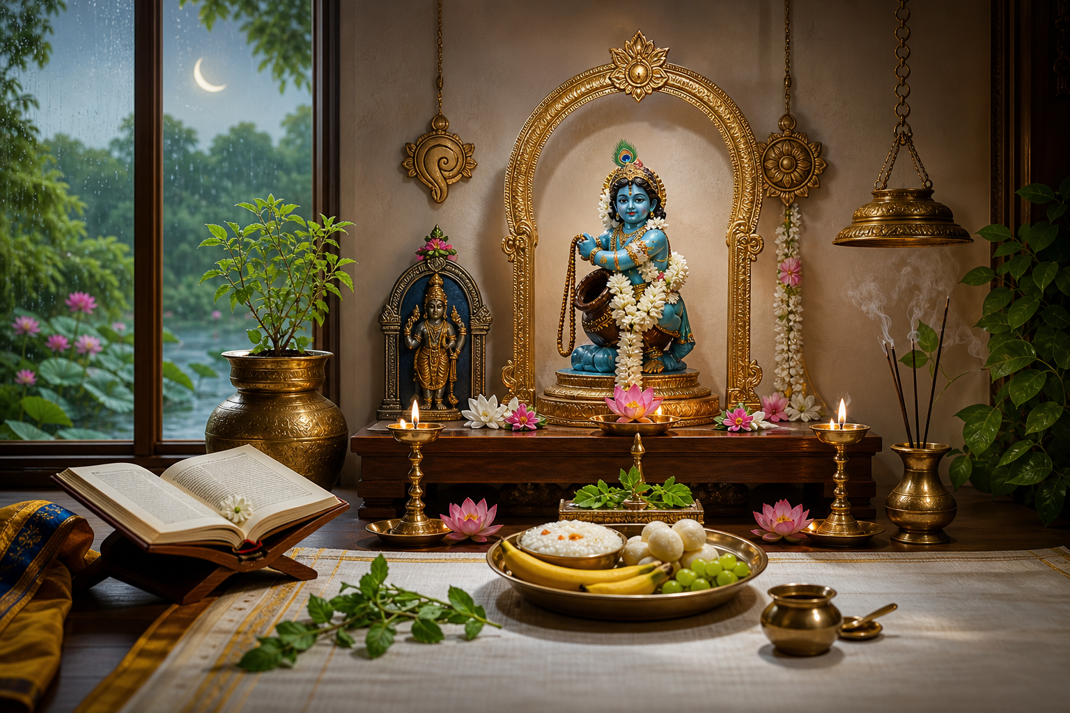 Damodara Dwadashi home puja altar with Krishna idol, tulasi, diyas, incense, and prasadam