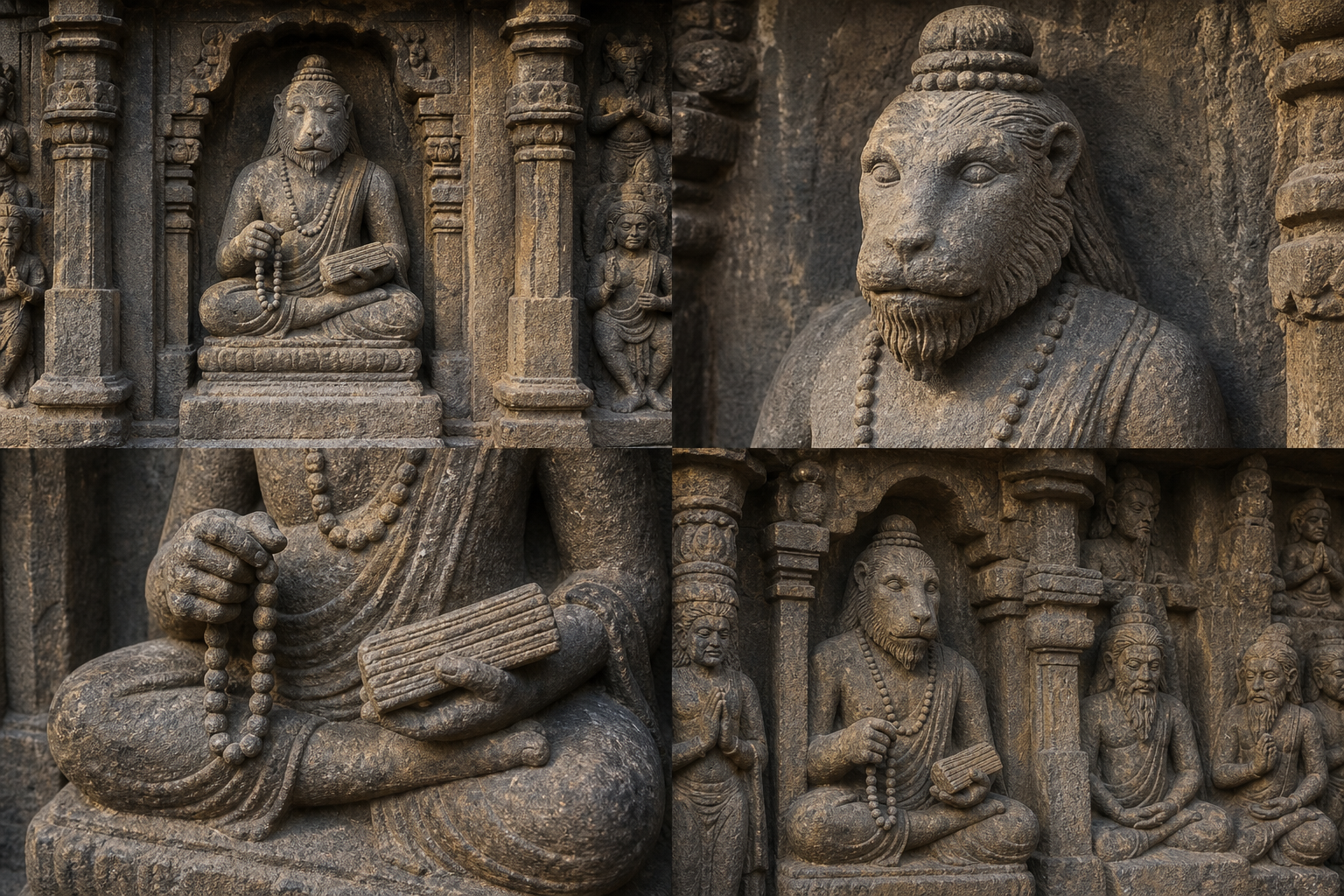 Four close views show a temple figure's niche, animal-shaped head, prayer beads and manuscript, and surrounding sculptural companions.