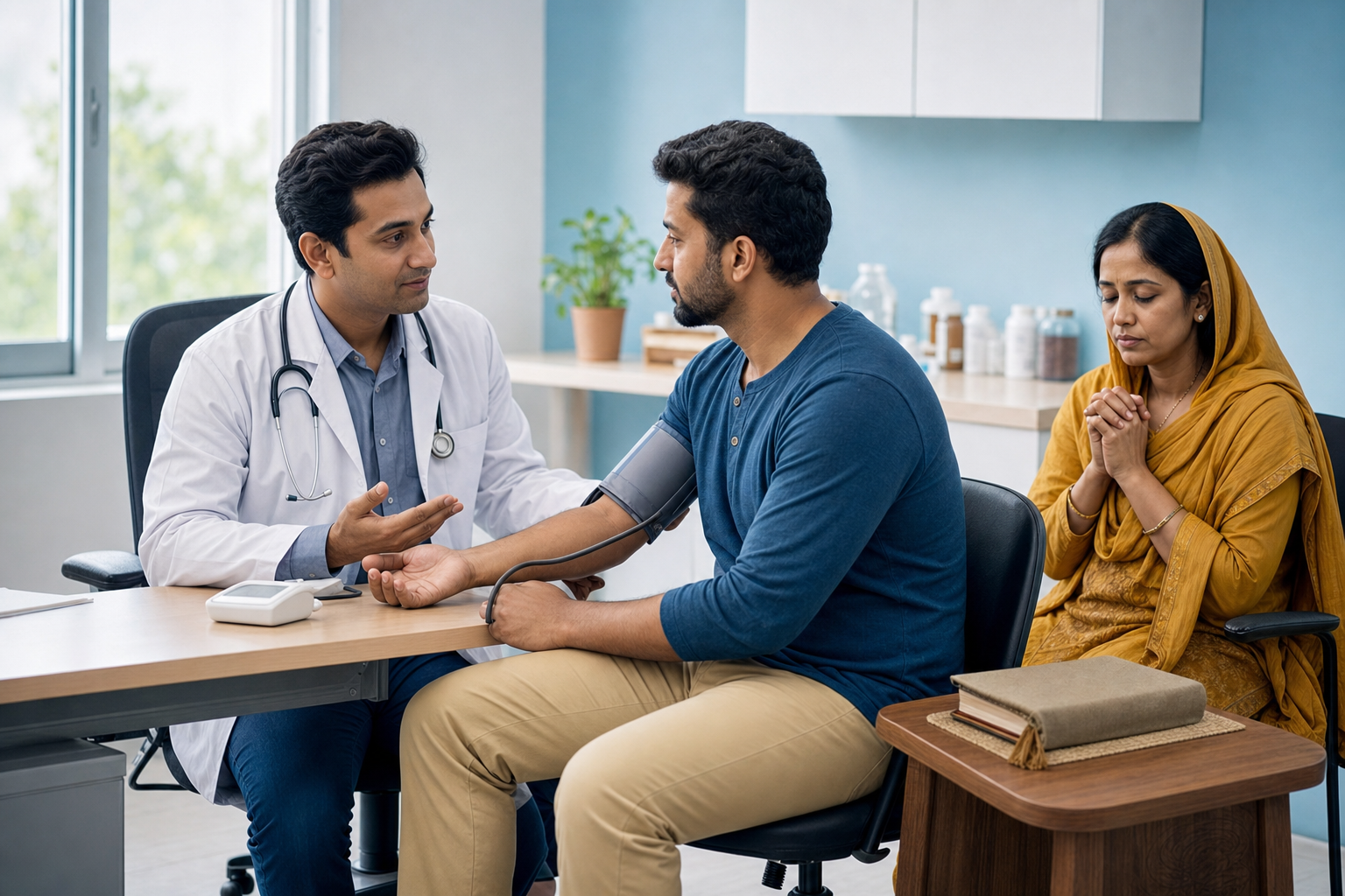 A physician checks a patient's blood pressure in a clinic while a family member sits nearby in quiet contemplation beside a closed cloth-covered book.