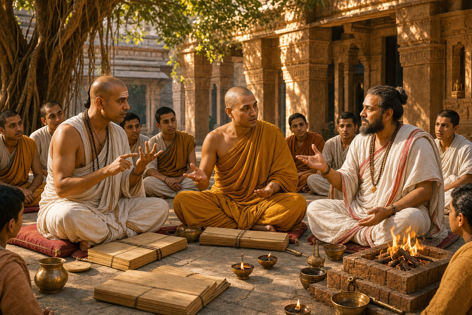 Three scholars representing Nyaya, Buddhist, and Mimamsa viewpoints debate in a monastery courtyard while students listen.