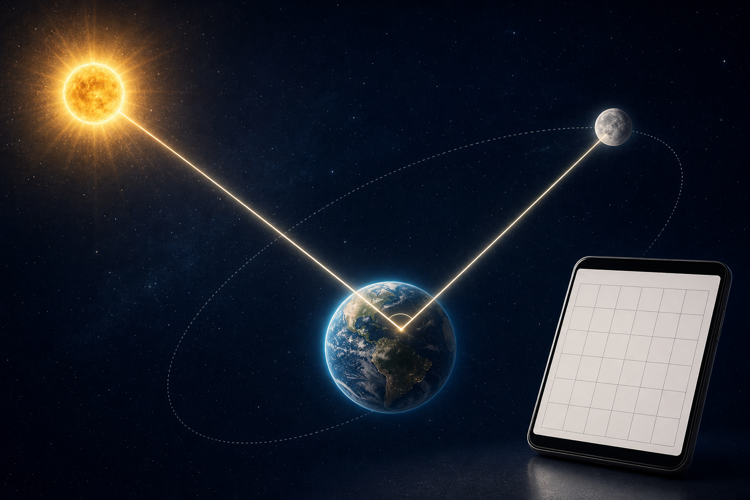 An illustration of Earth, Sun, and Moon forming an angle above a phone with an unmarked calendar grid.
