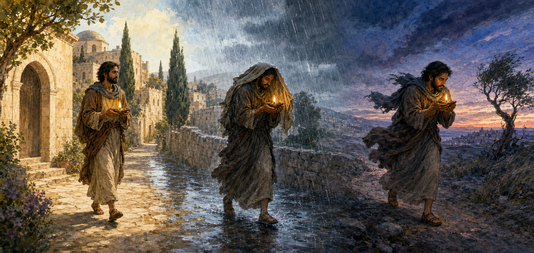 A traveler carries the same glowing oil lamp through a sunny courtyard, heavy rain, and a windy dusk, protecting it differently in each setting.