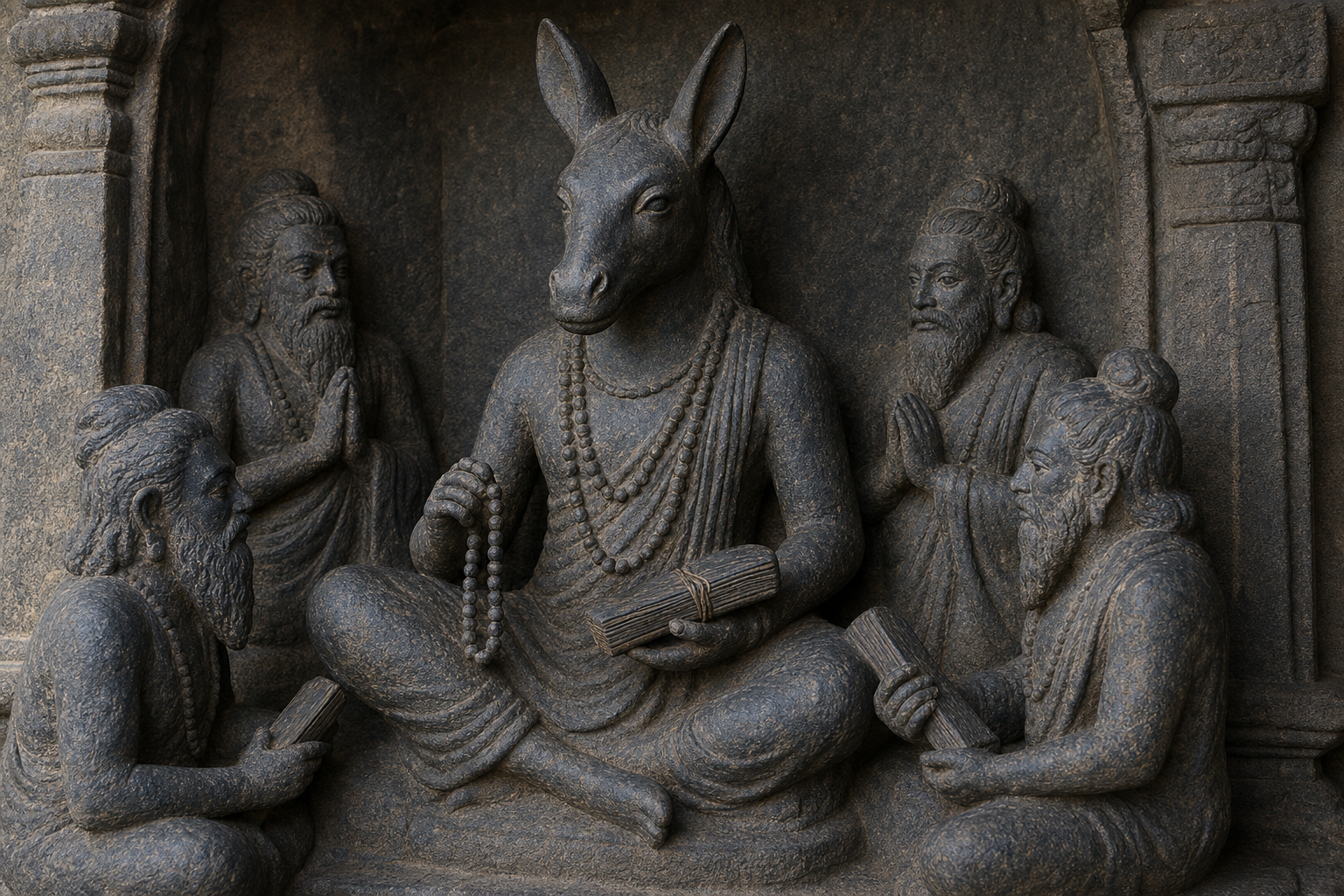 A solemn donkey-faced ascetic holds prayer beads and a palm-leaf manuscript in a weathered stone niche beside other sage figures.