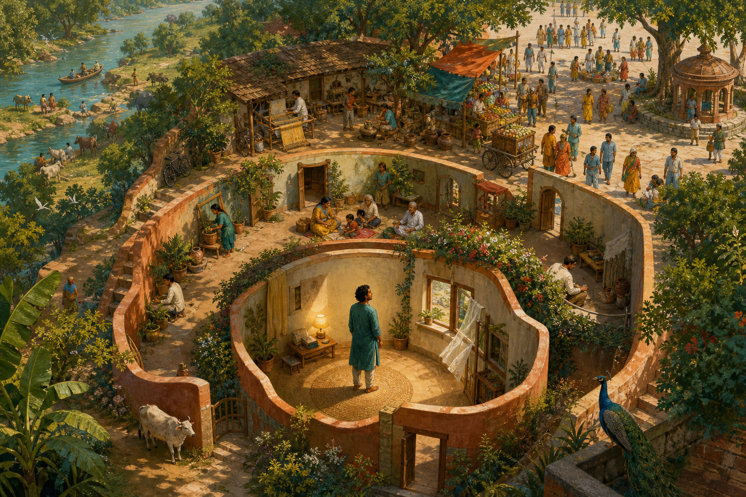 A person stands within connected spaces that expand from a quiet room to a family courtyard, a neighborhood market, and a river landscape.
