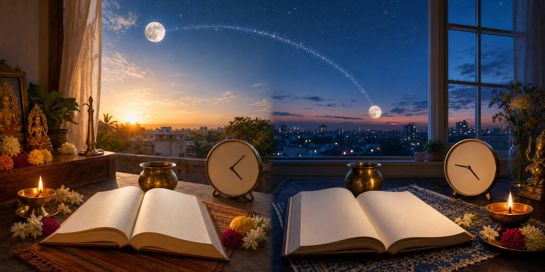 Two home prayer spaces in India and Toronto shown at different local times beneath the same Moon.