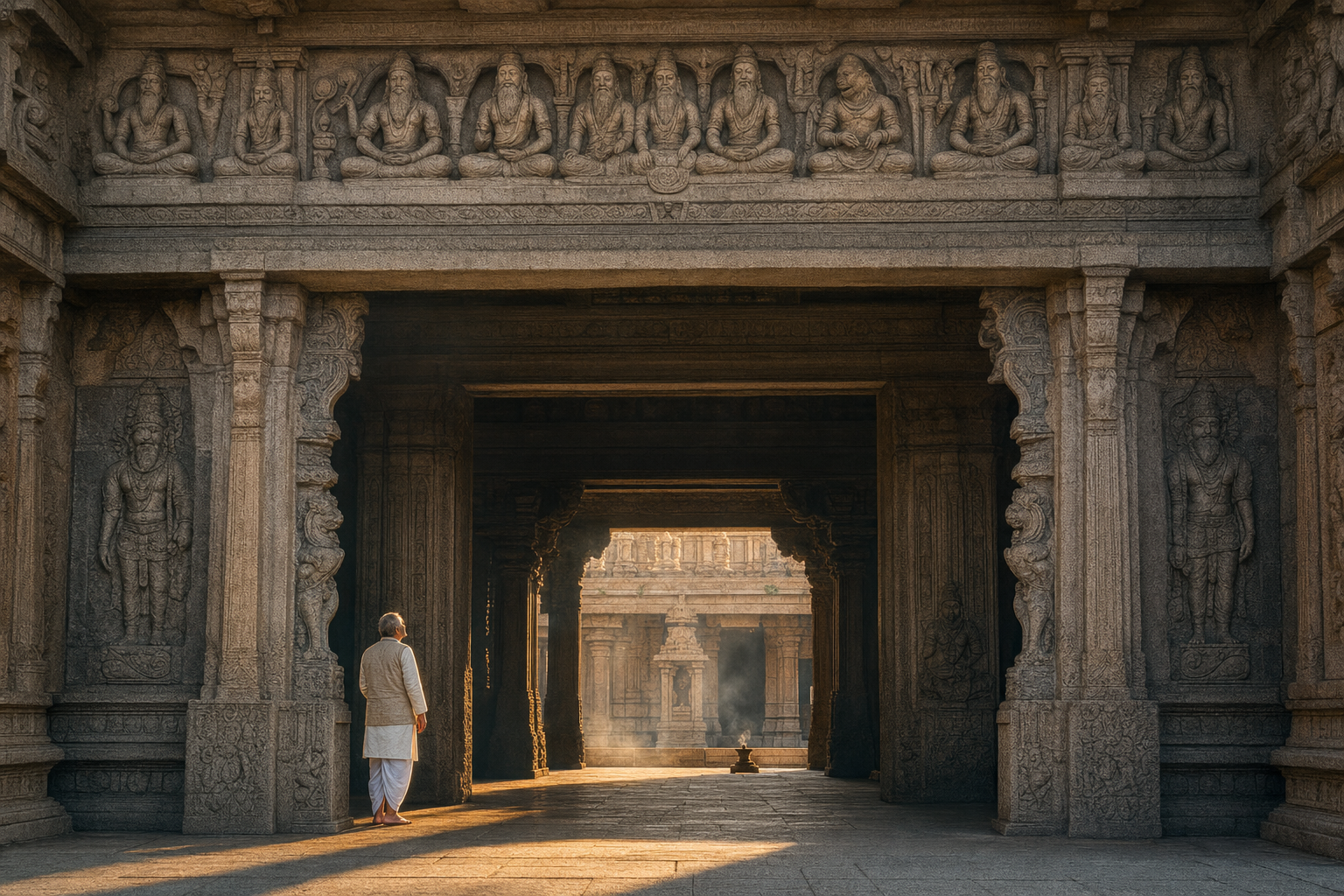 A visitor pauses at a temple threshold beneath a sculptural ensemble of sages that includes an animal-faced figure.
