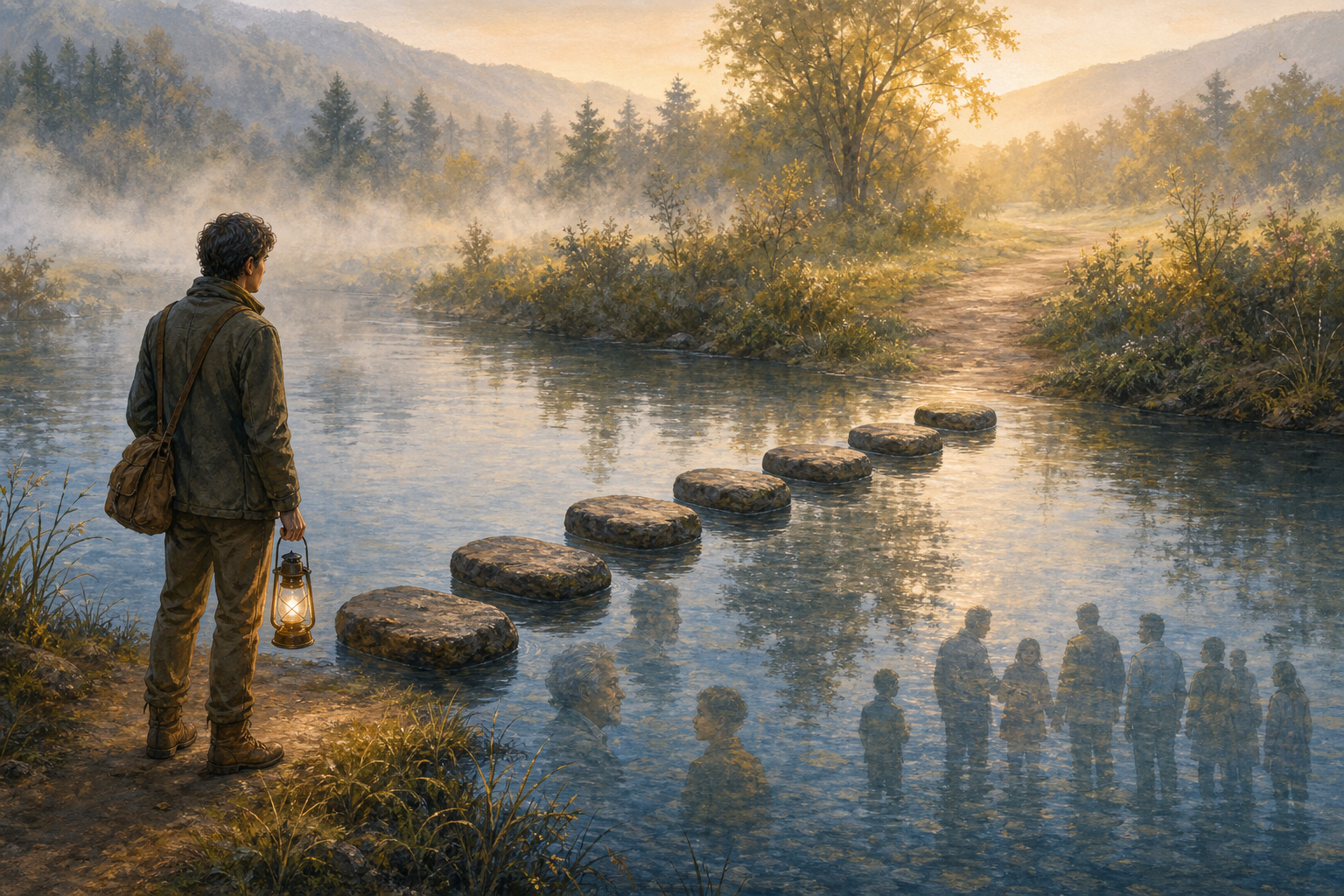 A person with a lantern pauses beside a stream and considers a crossing made of seven stepping stones reflected in the water.