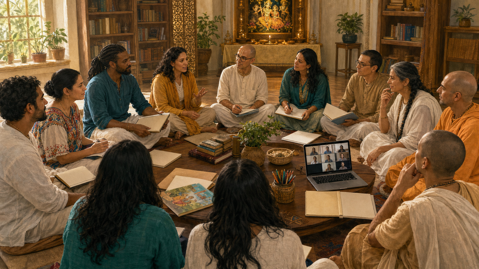 A diverse group of Vaishnava educators meets in a circle with notebooks, curriculum materials, and remote participants visible on a laptop.