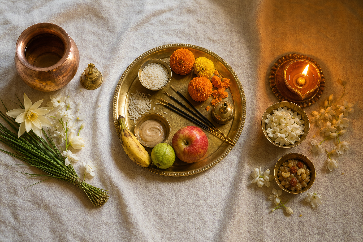 Three ritual preparations arranged in sunrise, daytime, and evening light with traditional vessels, flowers, offerings, and a lamp.