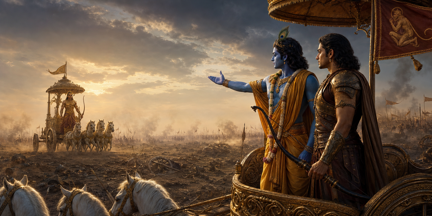 Krishna gestures toward Karna's distant chariot while Arjuna listens with his bow lowered on the battlefield.