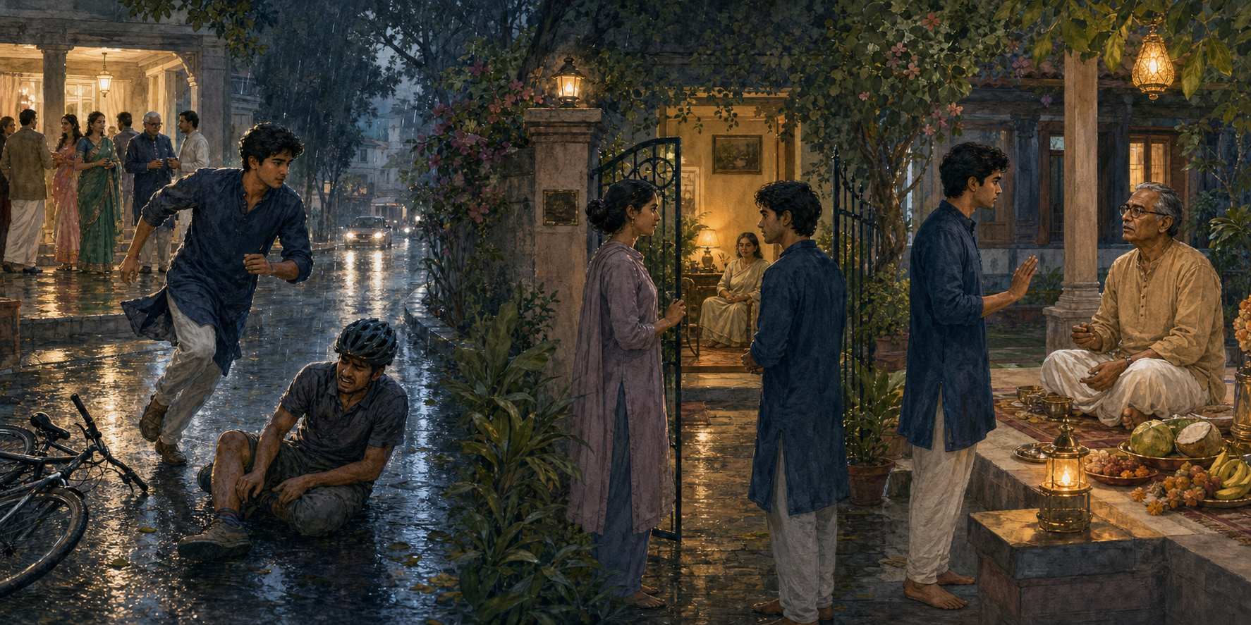 Three connected scenes show a person helping an injured cyclist, two people speaking privately at a garden gate, and a young adult talking with an elder beside a household ritual.