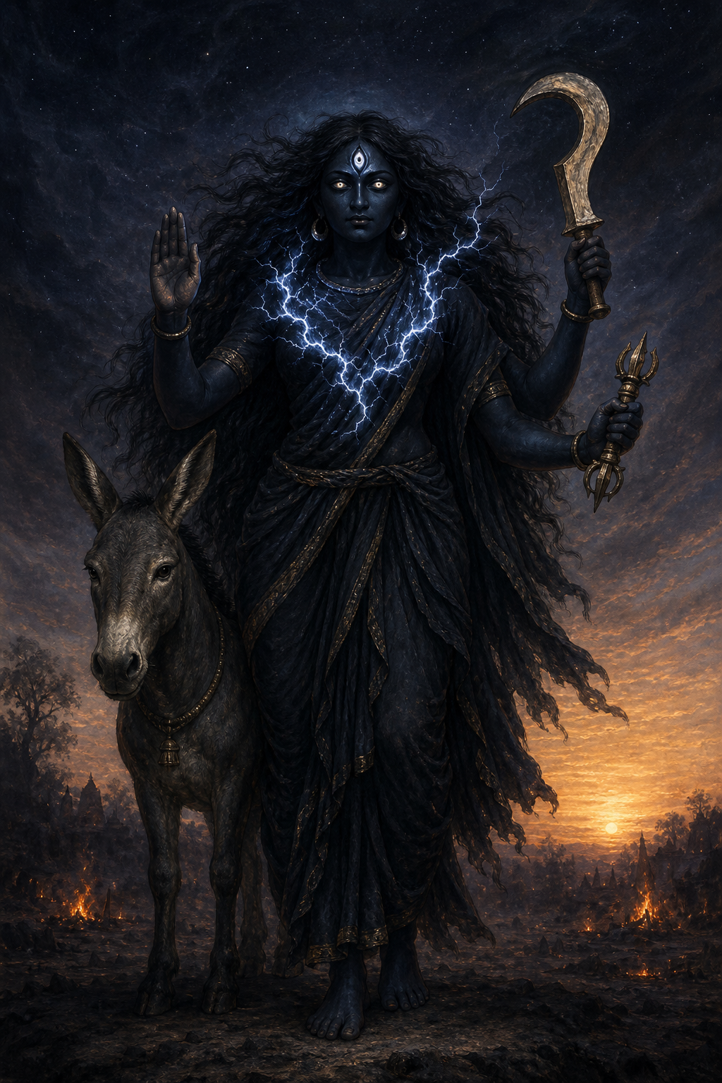 Goddess Kalaratri stands in a dark cosmic landscape with three luminous eyes, four arms, unbound hair, ritual implements, and a donkey beside her as dawn begins at the horizon.