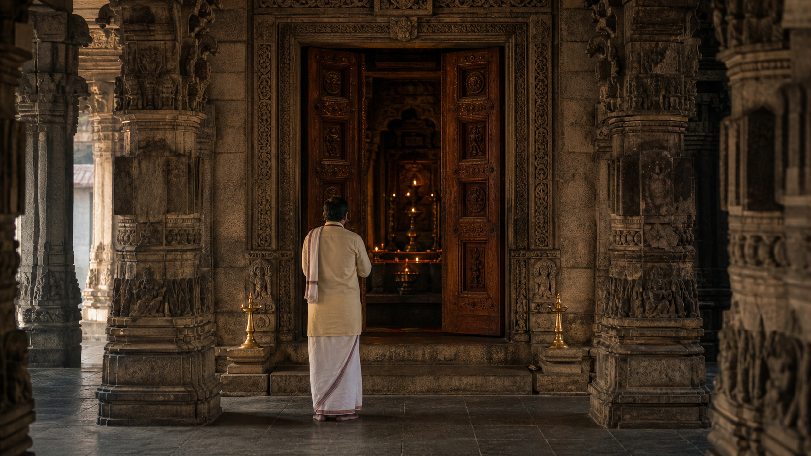 A pilgrim stands with joined hands before a carved temple doorway, where partially open doors reveal warm lamplight inside the sanctum.