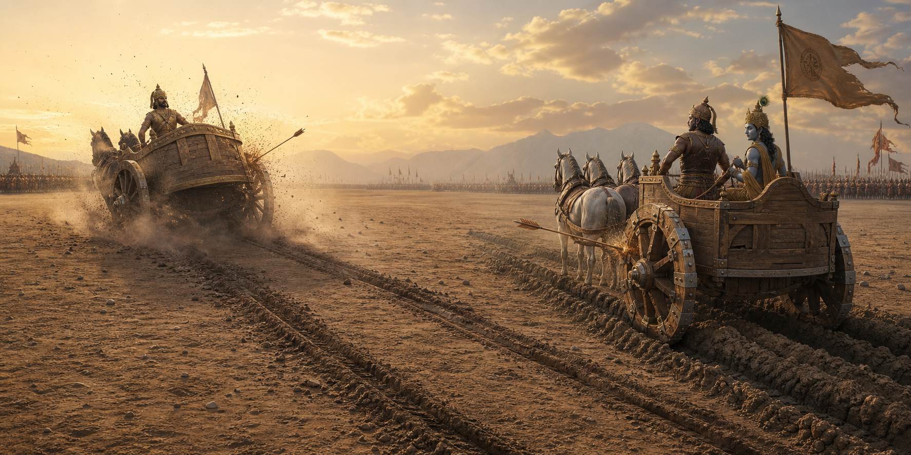 Two ancient war chariots struck by arrows leave different wheel tracks across battlefield soil under visibly unequal resistance.