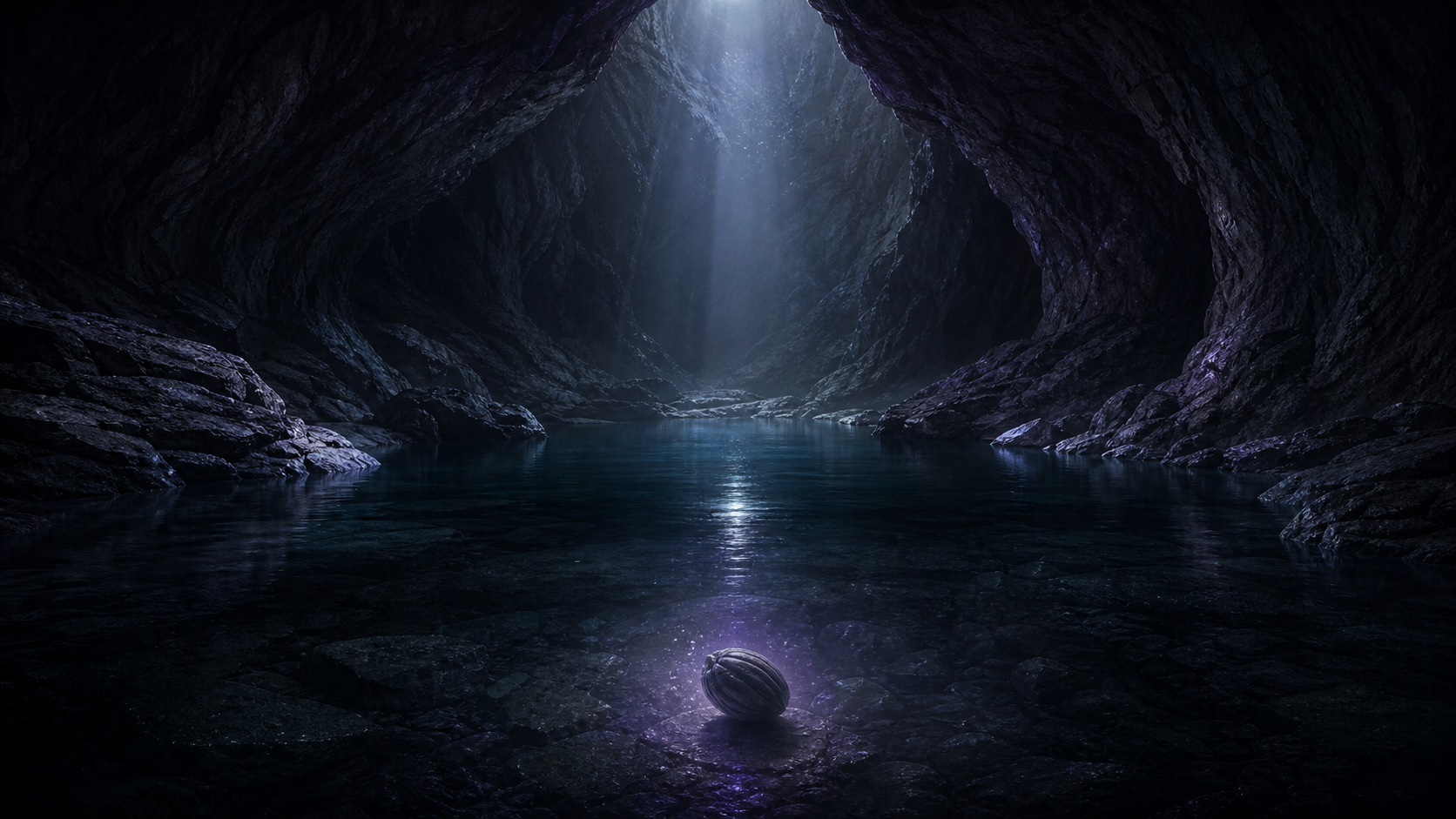 A moonless cavern surrounds a dark underground pool where a lotus seed gives off a faint glow beneath the water.