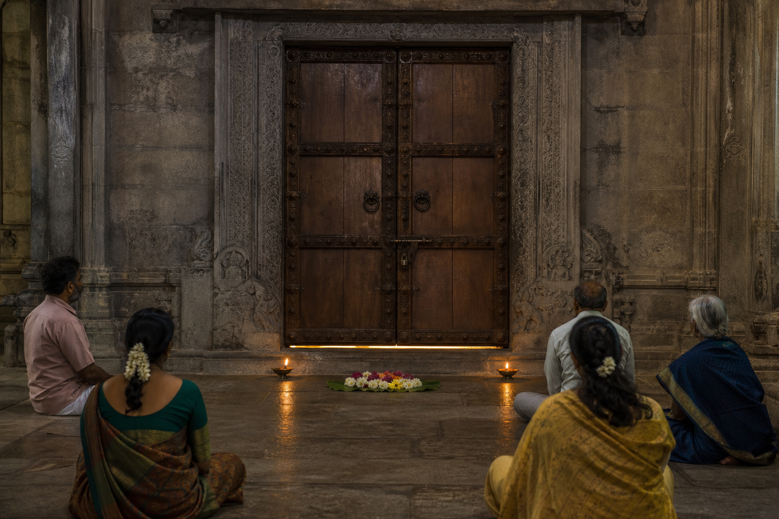 Devotees wait quietly before the closed wooden doors of a stone temple sanctum, with oil lamps and flower offerings beside the entrance.